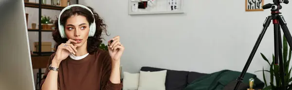 In a well-decorated home office, a young woman with curly hair engages deeply in her freelance work, banner — Stock Photo