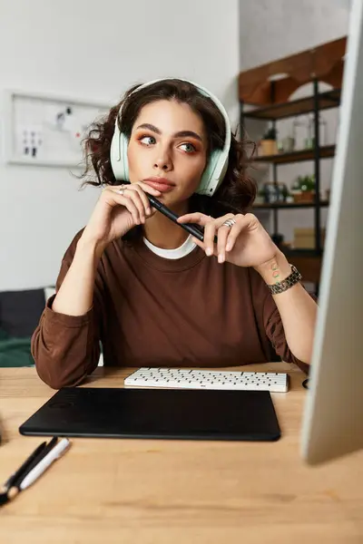 A beautiful woman works diligently, using a graphic tablet and stylus pen while editing. — Stock Photo