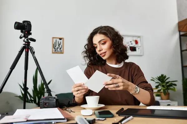 A young woman with beautiful curly hair reviews her artistic work at a cozy home office. — Stock Photo