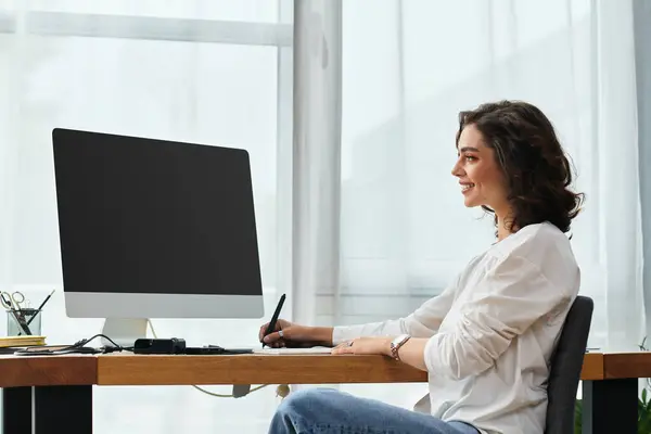 Young woman with curly hair enjoys editing on her graphic tablet while working from home. — Stock Photo