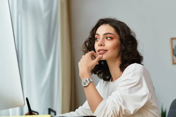 Young woman with curly hair smiles while working on her computer in a sunlit home office. — Stock Photo