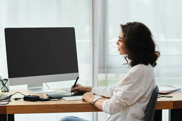 Young woman with curly hair focuses on retouching digital images using a stylus pen. — Stock Photo