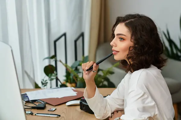 A young woman with curly hair ponders her work as she sits at a cozy desk surrounded by plants. — Stock Photo