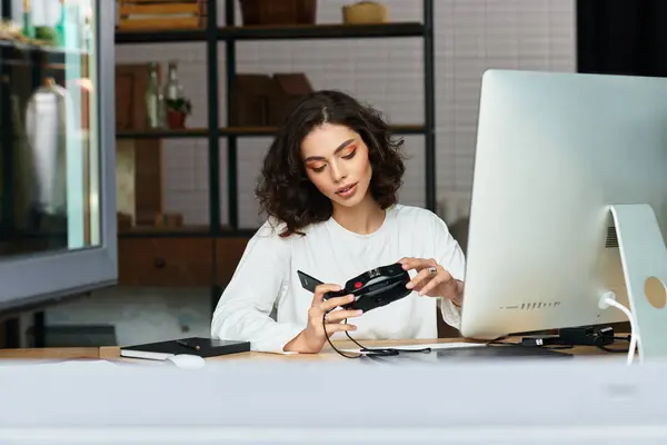 Freelancer engages in digital tasks while seated at her stylish home workspace during the day — Stock Photo