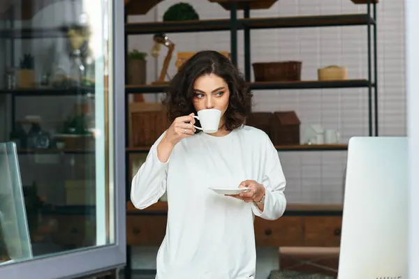 Young woman with curly hair sips coffee while focused on work in her home office. — Stock Photo