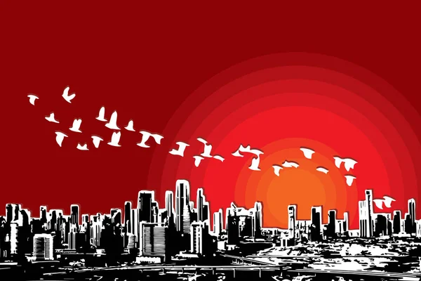 Kırmızı Arka Planda Kırmızı Güneş Olan Soyut Şehir Silueti — Stok Vektör