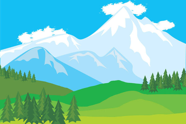 Illustration view of the mountain with clouds on blue sky background.