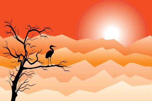Вид Гору Силуэтом Дерева Птицы Ветке Солнце Фоне Оранжевого Неба — стоковый вектор