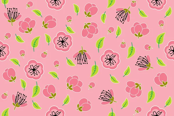 Illustrazione Del Fiore Fiori Ciliegio Con Foglia Sfondo Rosa — Vettoriale Stock
