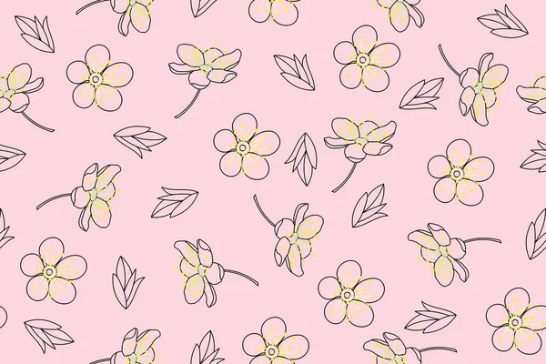 桜花のイラストライン ピンク地に葉付き — ストックベクタ