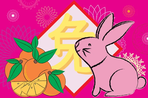 Illustration Chinese Carector Rabbit Orange New Year Sing Pink Background — Stock Vector