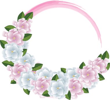 Illustration of Gerdenia or Cape jasmine flower bouquet with leaves on pink circle. 