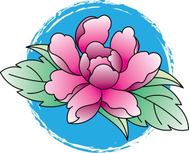 Illustration of abstract pink flower on blue circle background.