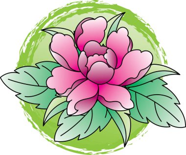 Illustration of abstract pink flower on green circle background.