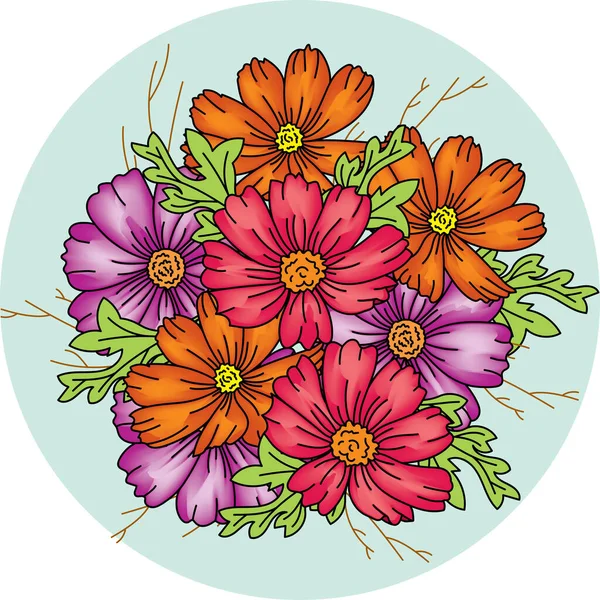 柔らかい緑色の円の背景に葉を持つコスモスの花のイラスト — ストックベクタ