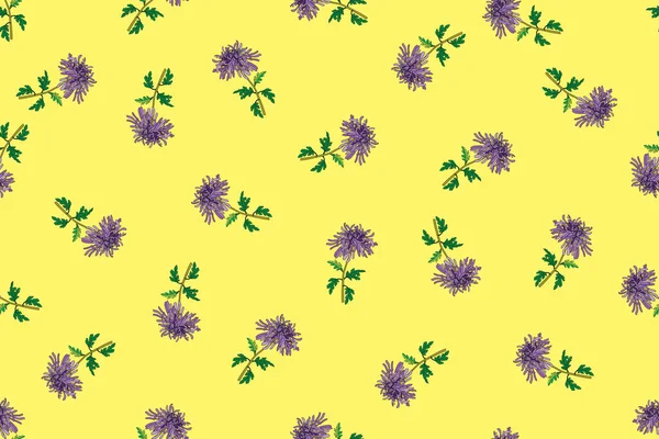 Illustration Der Chrysanthemenblume Mit Blättern Auf Weichem Gelben Hintergrund — Stockvektor