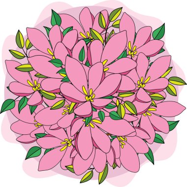 Yumuşak pembe arka planda yaprakları olan pembe çiçeğin tasviri.