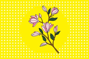 Verbanica Tabağı Manolya çiçeğinin resmi sarı daire ve sarı nokta arkaplanda çiçek açıyor.