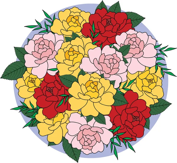 Ramo Ilustración Flor Rosa Con Hojas Fondo Del Círculo — Vector de stock
