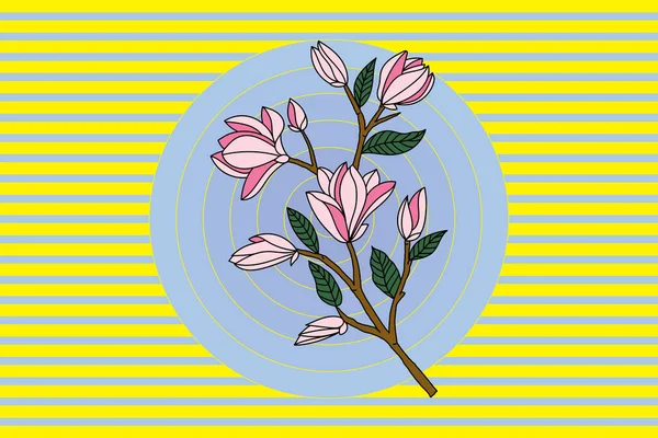 Ilustrace Verbanica Podšálek Magnolia Květ Kvete Modrém Kruhu Žluté Čáře — Stockový vektor