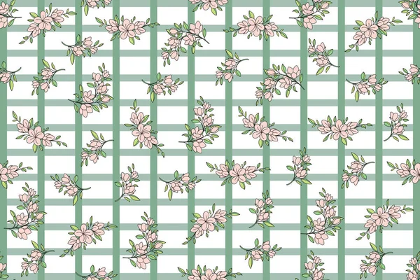 Ilustrace Růžové Květy Listy Zeleném Pozadí Stolu — Stockový vektor