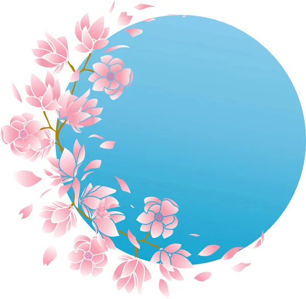 青い円の背景にピンクの花のイラスト — ストックベクタ