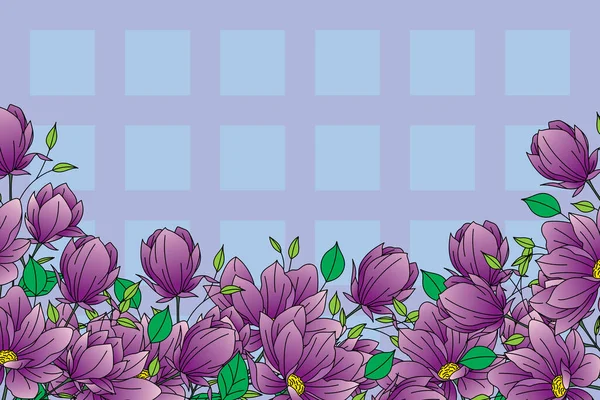 Mavi Masa Arkasında Yaprak Olan Manolya Çiçeği Tasviri — Stok Vektör
