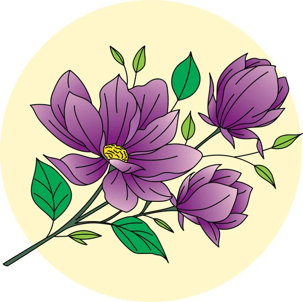Ilustración Flor Magnolia Con Hoja Sobre Fondo Círculo Amarillo Suave — Archivo Imágenes Vectoriales