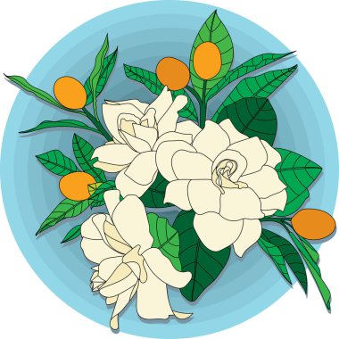 Gerdenia ya da Cape Jasmine çiçeğinin mavi halka üzerinde yaprakları olan bir resmi..
