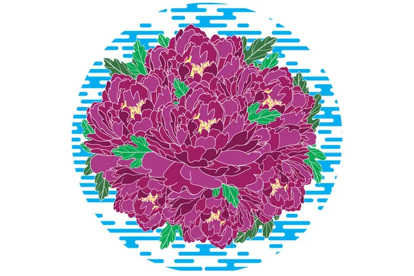 ピンク色の牡丹の花の花束のイラスト円の背景と青い線 — ストックベクタ