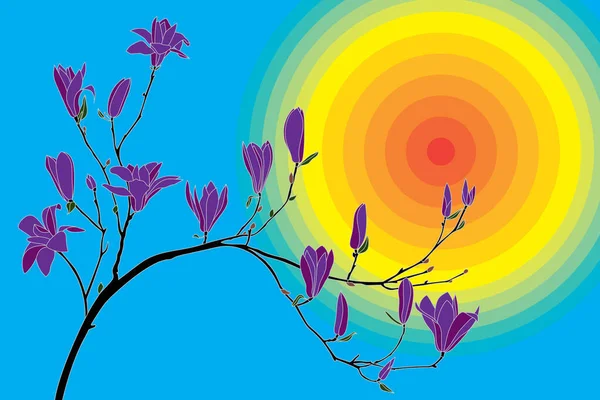 Verbanicaのイラストソーサーマグノリアの花は 黄色青の背景が円形の枝に咲いています — ストックベクタ