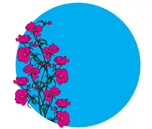 青い円の背景に葉を持つピンクの花のイラスト — ストックベクタ