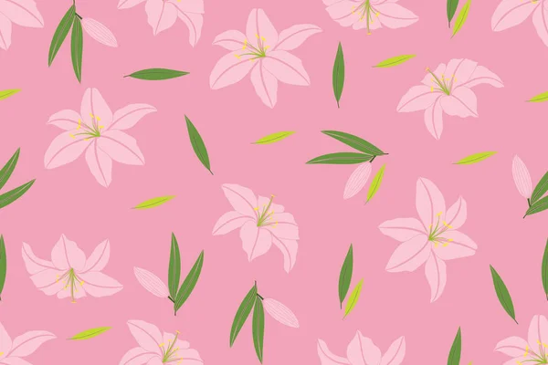 ピンクの背景に葉を持つピンクのユリの花のイラスト — ストックベクタ