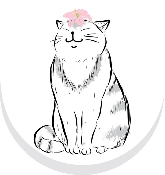 Иллюстрация Улыбающейся Кошки Цветка Лилии Голове Пустом Фоне — стоковый вектор