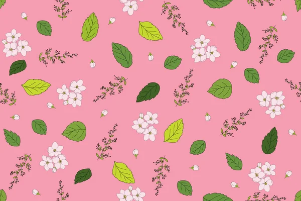 Illustrazione Fiore Rosa Con Foglie Sfondo Rosa — Vettoriale Stock