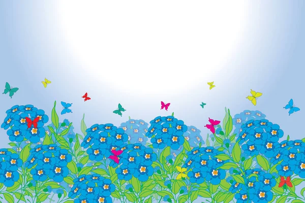 イラスト 白い太陽と柔らかい青空の背景に花や蝶を忘れない — ストックベクタ
