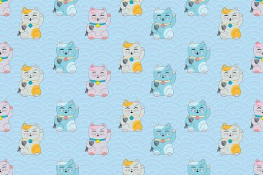 Mavi dalga arka planında Şanslı Kedilerin Çizimi.