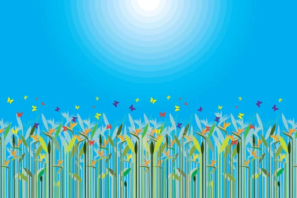 青地に太陽のグラデーションのあるヘリコニアの花と蝶のイラスト — ストックベクタ