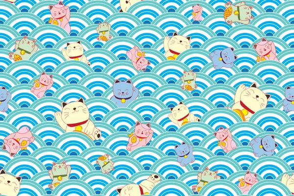Ilustrace Vzor Šťastných Koček Pozadí Japonské Vlny — Stockový vektor