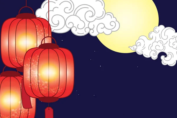 Illustration Chinesische Laterne Mit Vollmond Und Wolke Auf Tiefblauem Hintergrund — Stockvektor