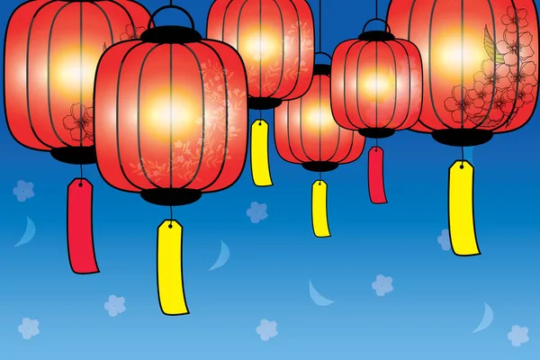 Ilustração Lanterna Chinesa Vermelha Sobre Fundo Gradiente Azul — Vetor de Stock