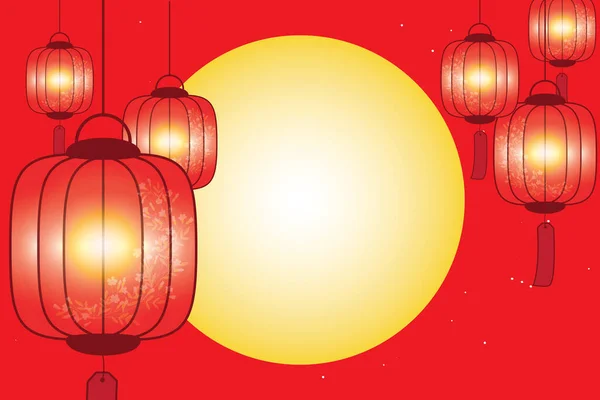Иллюстрация Китайский Фонарь Полнолунием Звездой Красном Фоне — стоковый вектор