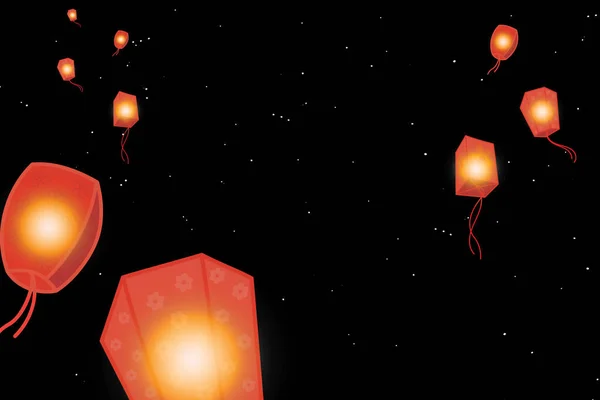 Ilustrace Čínská Lucerna Noční Obloze Hvězdným Pozadím — Stockový vektor