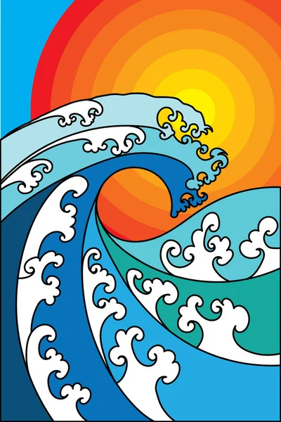 蓝色背景的海浪和太阳梯度色摘要 — 图库矢量图片