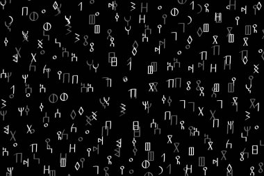 Siyah arkaplanda Rune karakterinin beyaz ve gri çizgisi.