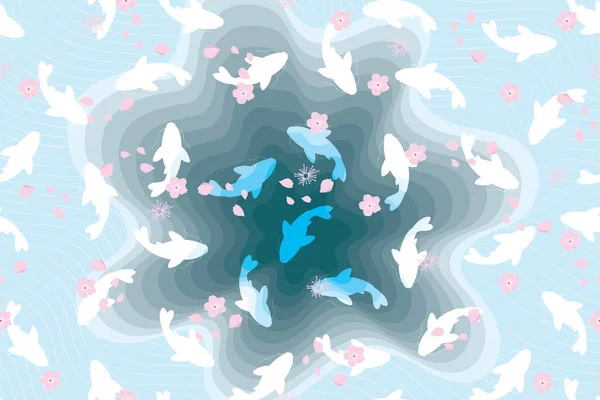 水面に咲く青いプールと魚のイラストアブストラクト背景 — ストックベクタ