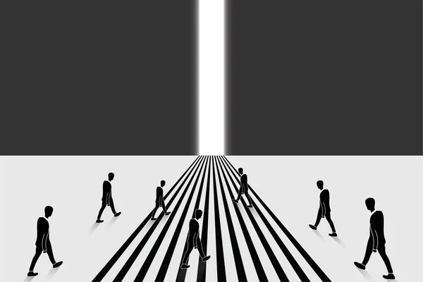Ilustración Personas Silueta Caminando Hacia Salida Con Luz Sobre Fondo — Vector de stock