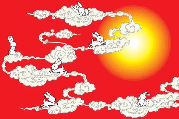 Illustration Mondkaninchen Mitten Herbstfest Mit China Wolken Auf Rotem Hintergrund — Stockvektor