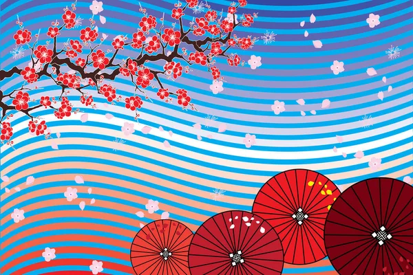 Fleurs Cerisier Rouge Sur Branche Parapluies Sur Fond Bleu Avec — Image vectorielle