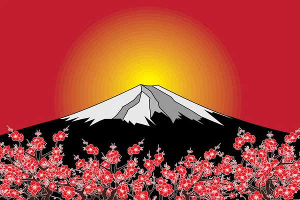 Illustration Lever Soleil Sur Montagne Fuji Noire Fleur Cerisier — Image vectorielle